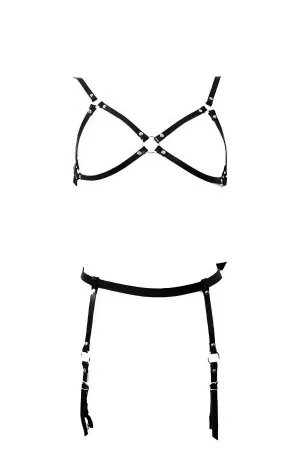 Black Faux Leather Harness Bra and Garter Belt Set with O-Rings