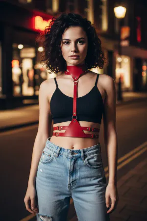 Red Vegan Leather Choker Harness with Double Waist Straps worn by model