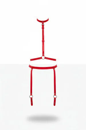 Red Faux Leather Body Harness with O-Rings and Adjustable Garter Straps