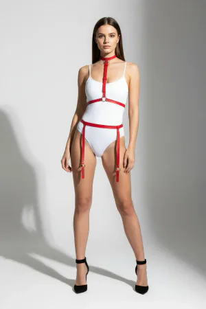 Red Strappy Body Harness Set Vegan Leather Adjustable Choker Garter Straps