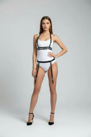 Black Faux Leather Full Body Harness with Chest Straps and Thigh Straps