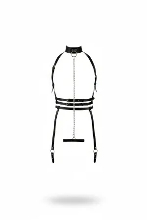 Black Faux Leather Full Body Harness with Neck Collar and Silver Chain Detail
