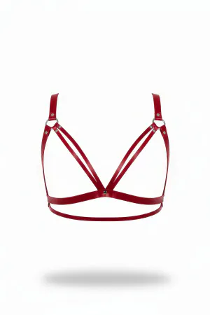Red Faux Leather Strappy Chest Harness Bra with Silver O-Rings