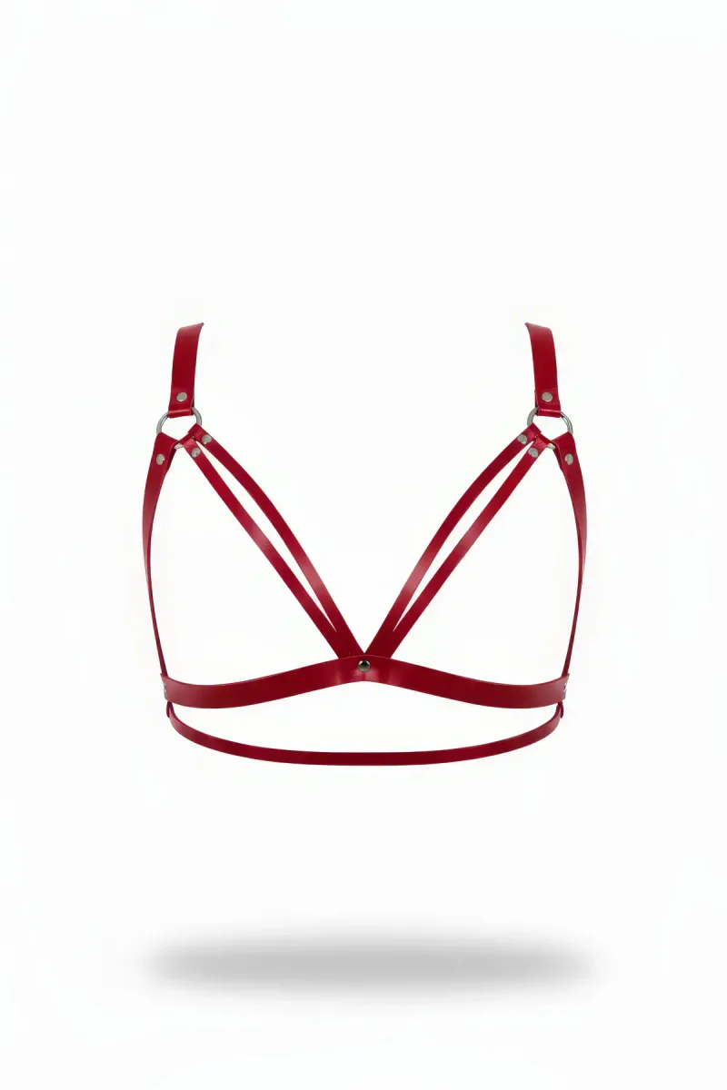 Kırmızı Suni Deri Göğüs Harness Kadın Metal Halka Detaylı Çapraz Bantlı