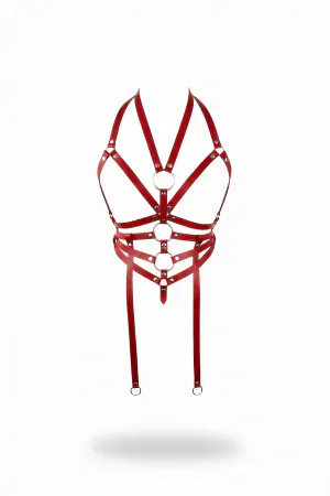 Red Vegan Leather O-Ring Halter Chest Harness with Silver Hardware