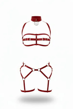 Red Faux Leather High Collar Harness Set with Dual O-Ring Detail