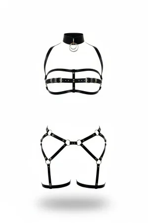 Black Faux Leather Harness Set with Choker and Thigh Garters