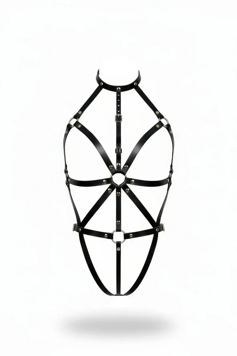 Siyah Faux Leather Tam Vücut Harness Boyunluklu Geometrik Desenli