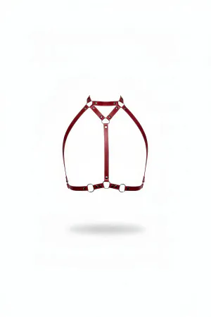 Burgundy Faux Leather High Collar Chest Harness O-Ring Details