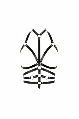 Black Faux Leather Caged Chest Harness Women Silver O-Rings