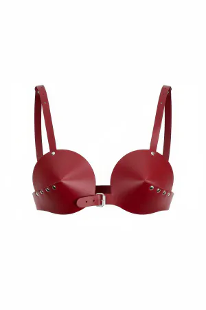 Red Faux Leather Conical Chest Harness Bra Studded Cups