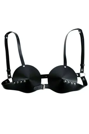 Black Faux Leather Conical Cup Chest Harness Bra with Silver Studs