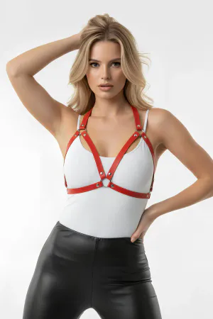 Kırmızı Göğüs Harness Suni Deri Zımba Detaylı - APFT25