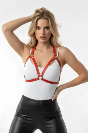 Kırmızı Göğüs Harness Suni Deri Zımba Detaylı - APFT25