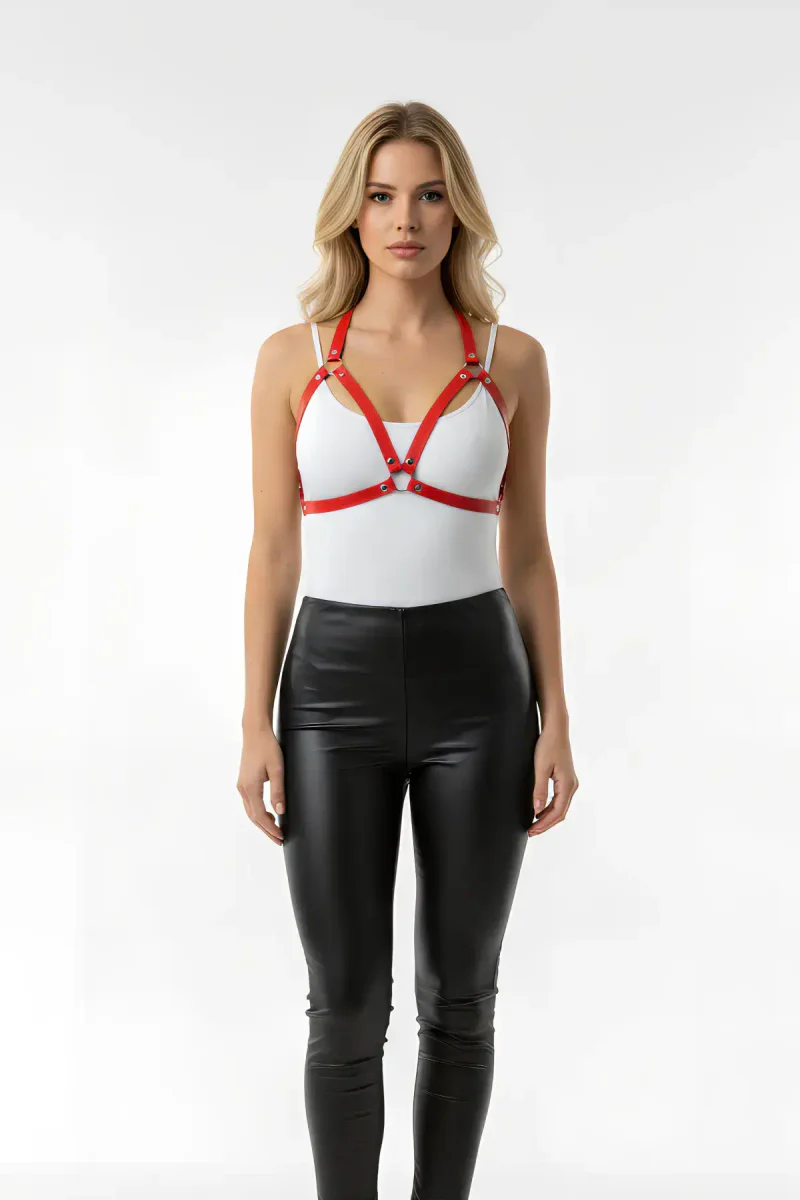 Red faux leather festival harness with O-ring detail on chest