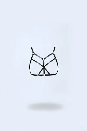 Black Faux Leather Chest Harness Geometric Strappy Design Silver O-Rings