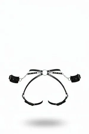 Black Faux Leather Waist Harness Set with Detachable Wrist Cuffs and Chains