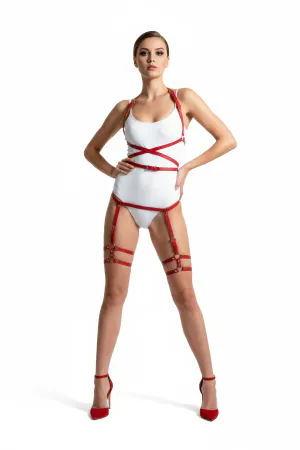 Red Faux Leather Body Harness with Thigh Garters Women Adjustable Straps