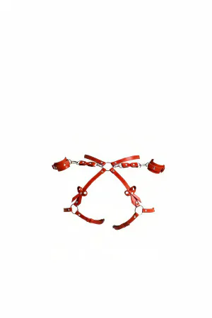 Red Faux Leather Body Harness Set Detachable Cuffs O-Ring Details