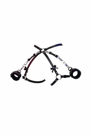 Black Faux Leather Full Body Harness with Cuffs and Silver Chain Detail