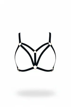 Black Caged Bra Harness Gold O-Rings Elastic Strappy