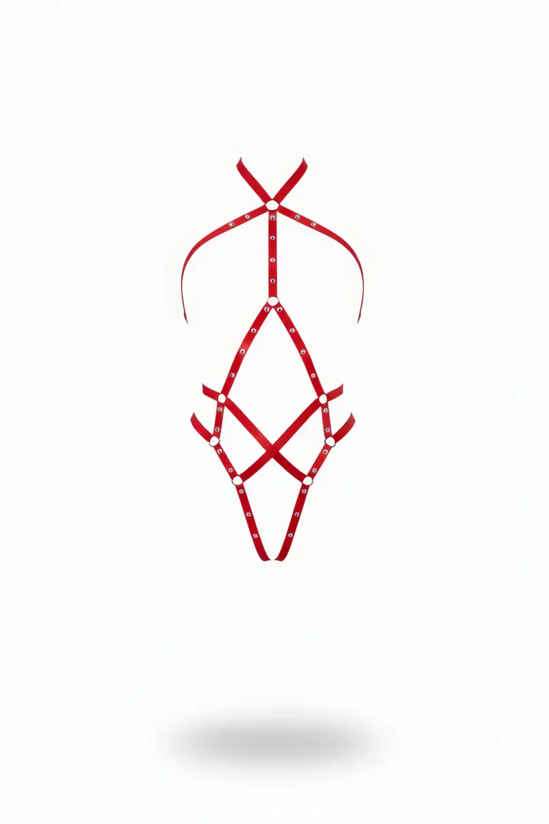 Kırmızı Metal Halkalı Vücut Harness Kadın Geometrik Desenli
