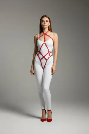 Kırmızı Body Harness Parlak Deri Çapraz Bağlamalı Vücut Aksesuarı - APFT295