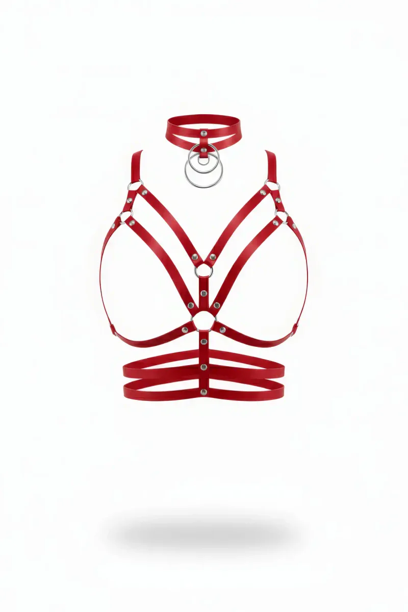 Red Faux Leather Caged Chest Harness with Multi O-Ring Choker