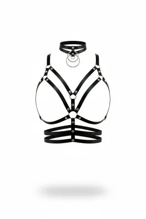 Black Faux Leather Harness Bra with Triple O-Ring Choker