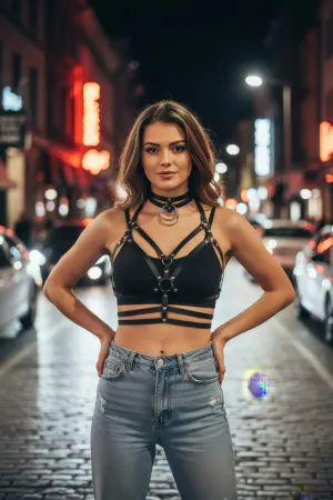 Black Faux Leather Body Harness Studded Strappy Design with Choker