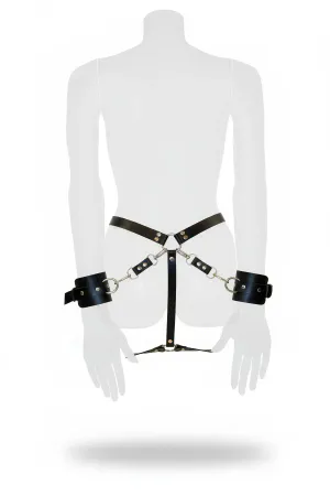 Black Faux Leather Waist Harness with Wrist Straps Silver Hardware