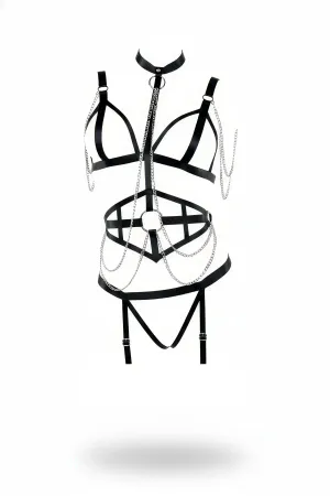 Black Faux Leather Full Body Harness with Choker and Draping Silver Chains
