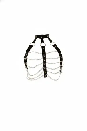 Black Faux Leather Body Harness with Draped Silver Chains and O-Ring Choker