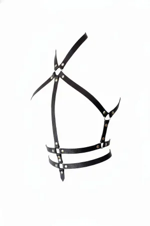 Black Faux Leather Asymmetrical Chest Harness Women Silver O-Rings