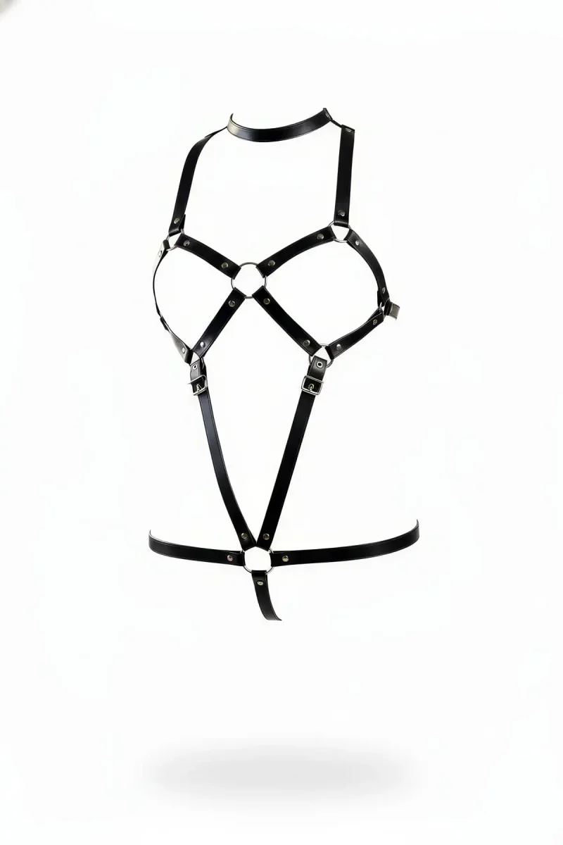Siyah Faux Leather Body Harness Choker Yaka O-Ring Detaylı