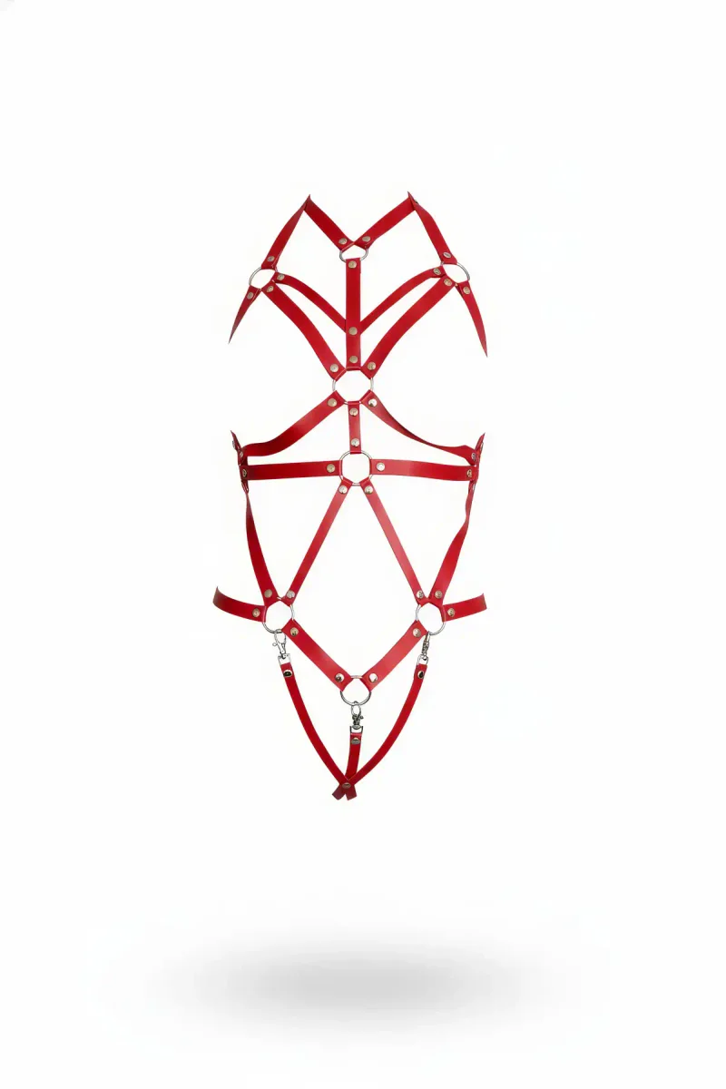 Kırmızı Dantel Detaylı Tam Vücut Harness Kadınlar İçin Gümüş Metal Halka