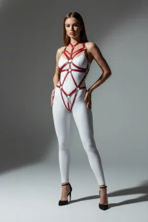 Kırmızı Body Harness Deri Metal Halka Detaylı - APFT316