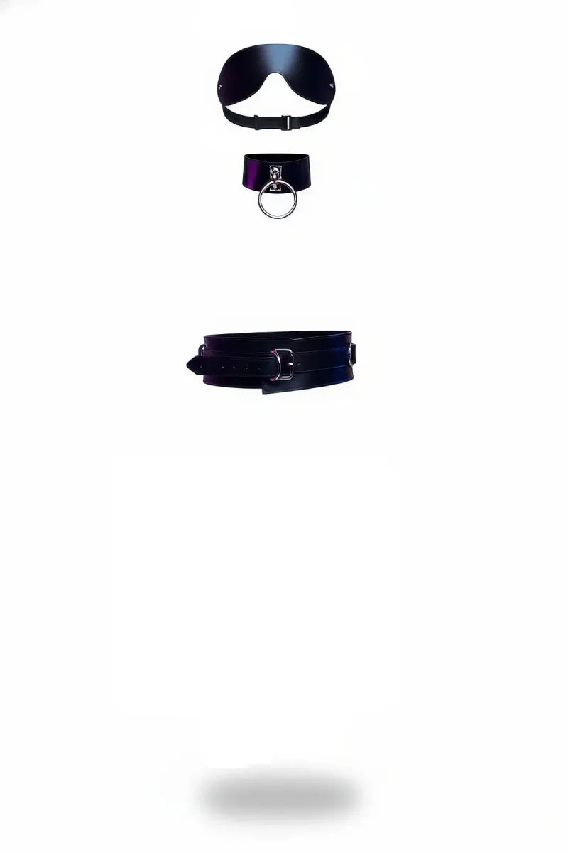 Siyah Faux Leather Harness Takımı Göz Bandı Boyunluk Kemer Seti Metal Halka Detay