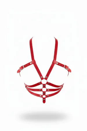 Red Faux Leather Caged Chest Harness with Silver Buckles