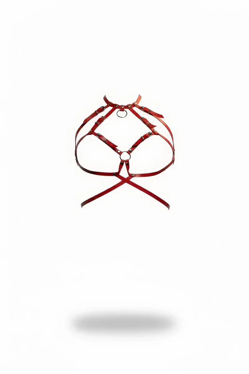Metal halkalı kırmızı suni deri kadın vücut harness