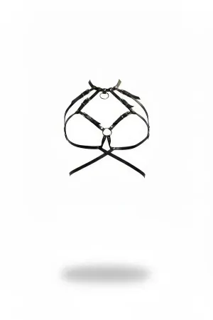 Black Caged Faux Leather Harness Bra with Silver O-Ring Details