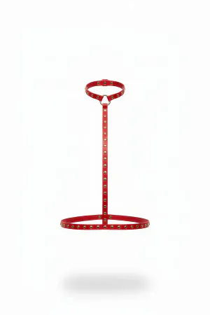 Red Vegan Leather Studded Choker to Waist Body Harness with Gold Hardware