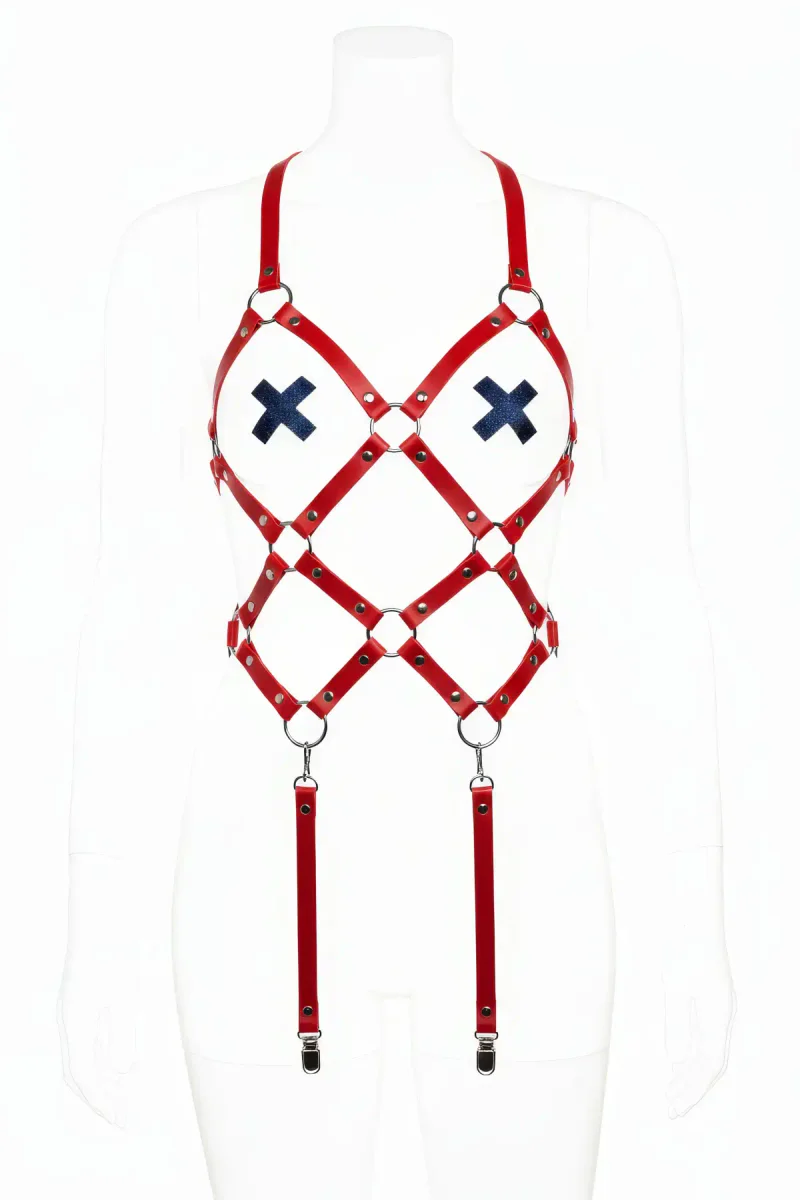 Kırmızı Faux Leather Body Harness X-Desenli Garter Straps Metal Halka Detaylı