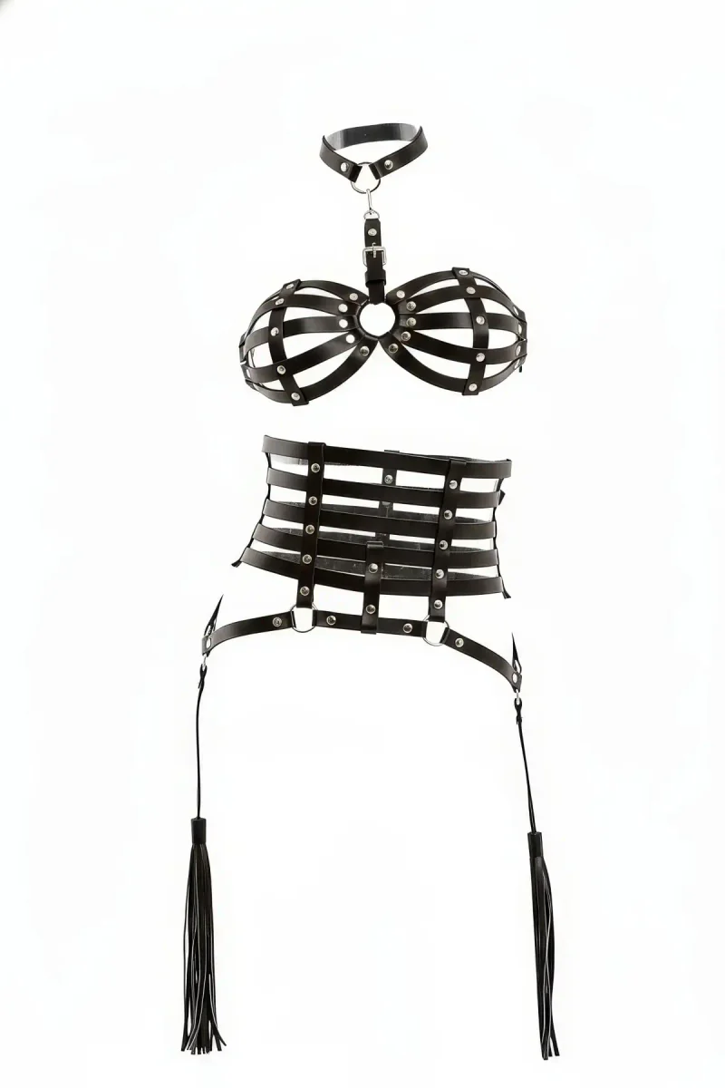 Black Caged Faux Leather Harness Lingerie Set with Corset Garter Tassels