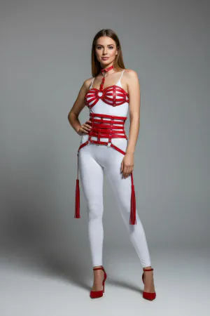Red Vegan Leather Harness Suit Bralette Corset Tassels