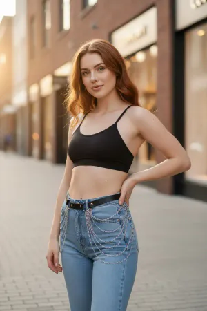 Black Faux Leather Hip Harness Belt with Cascading Silver Chains styled on light-wash jeans