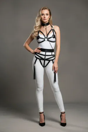 Black Faux Leather Body Harness with Choker and Chains Front View