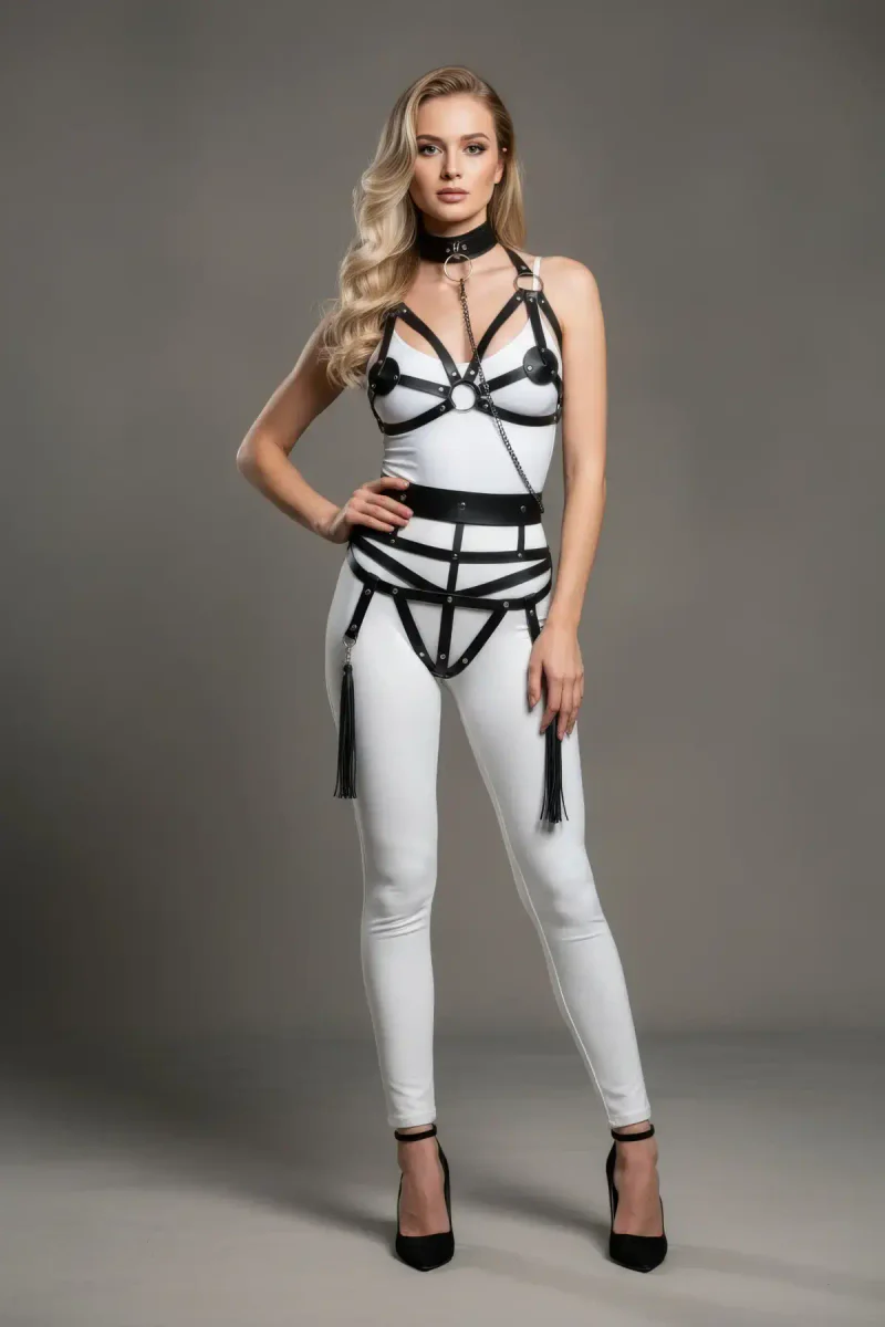 Black vegan leather body harness set side