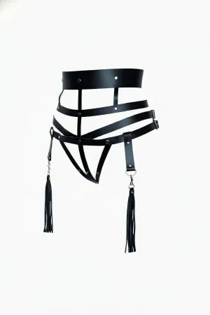 Black Faux Leather Wide Belt Waist Harness with Multi-Straps and Tassels