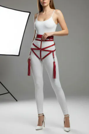Red Faux Leather Hip Harness Detachable Tassels Adjustable Straps